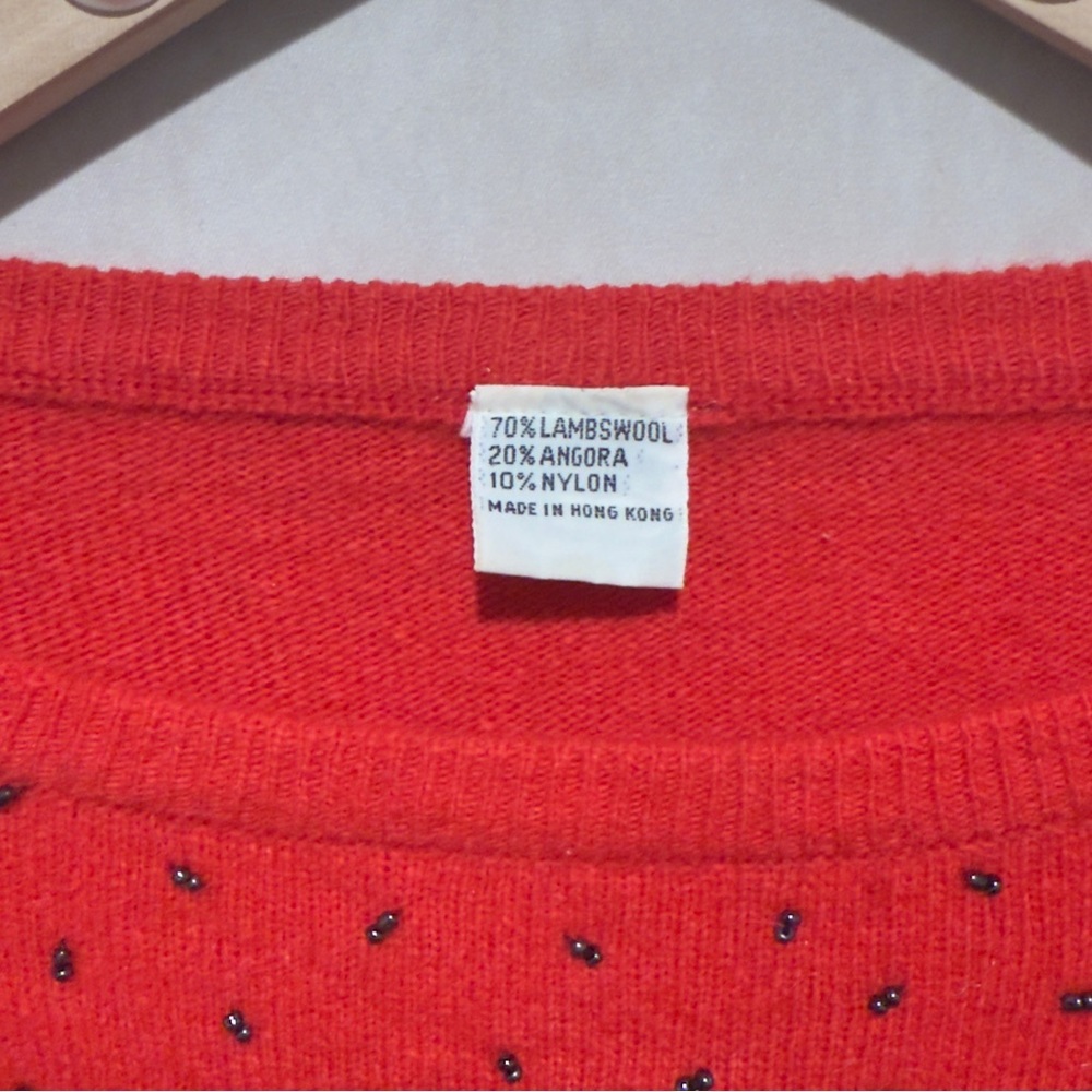 Vintage Red Lambswool Angora Beaded Sweater, S/M, Luxury Floral Embellished Knit - Picture 8 of 12